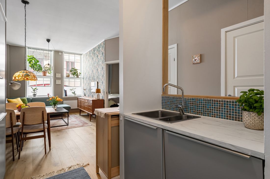 A bright apartment with a living area and kitchen.